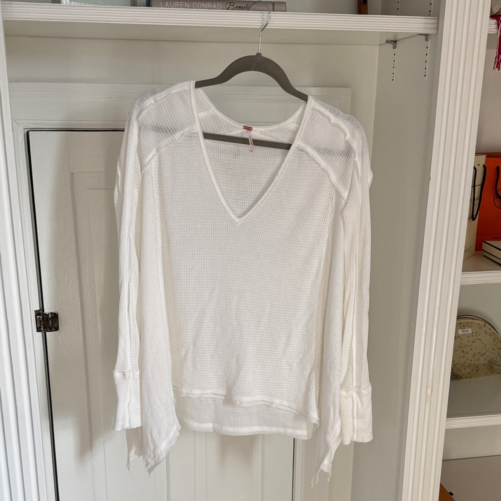 Free People White V-Neck Long Sleeve Top